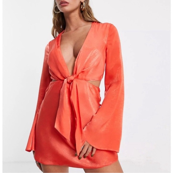 ASOS DESIGN Satin Tie Front Dress with Fluted Sleeves in Red Orange - Size 4 - Picture 3 of 9